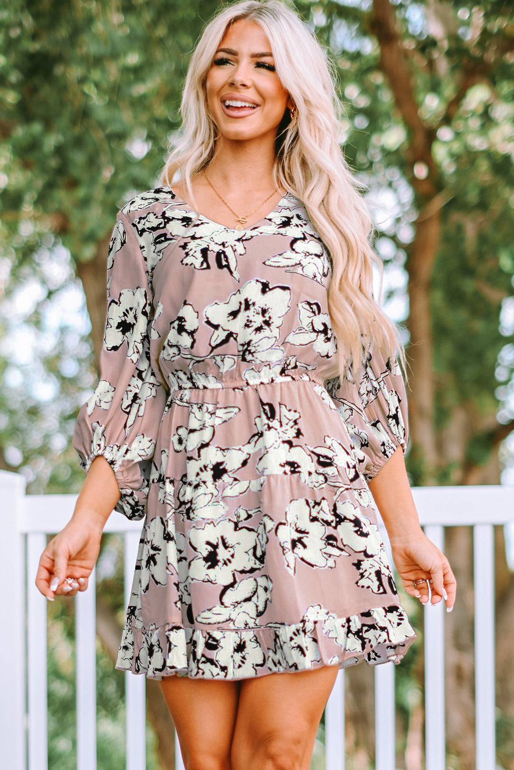 Floral V Neck Lantern Sleeves Tunic Dress