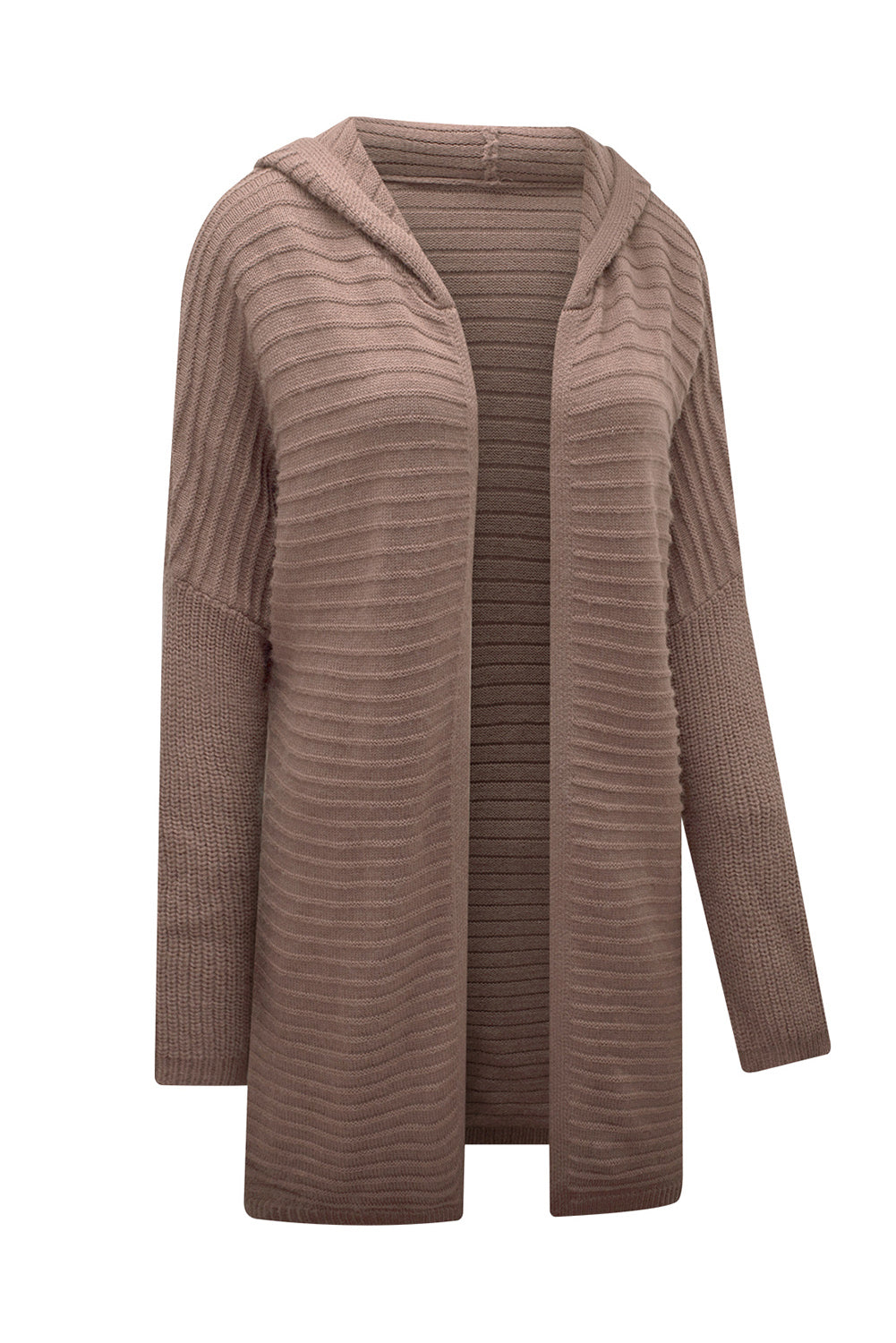 Brown Horizontal Rib Knitted Open Front Hooded Cardigan