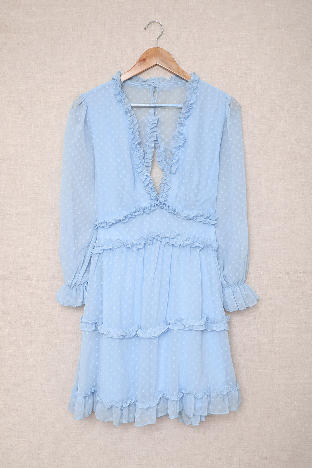 Sky Blue Layered Ruffled Open Back Puff Sleeve Swiss Dot Mini Dress