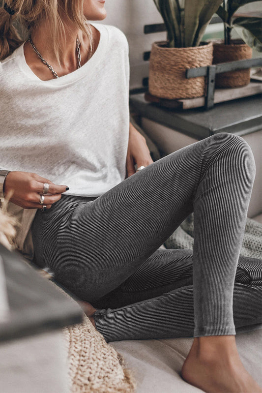 Dark Grey Vintage Wash Ribbed Leggings