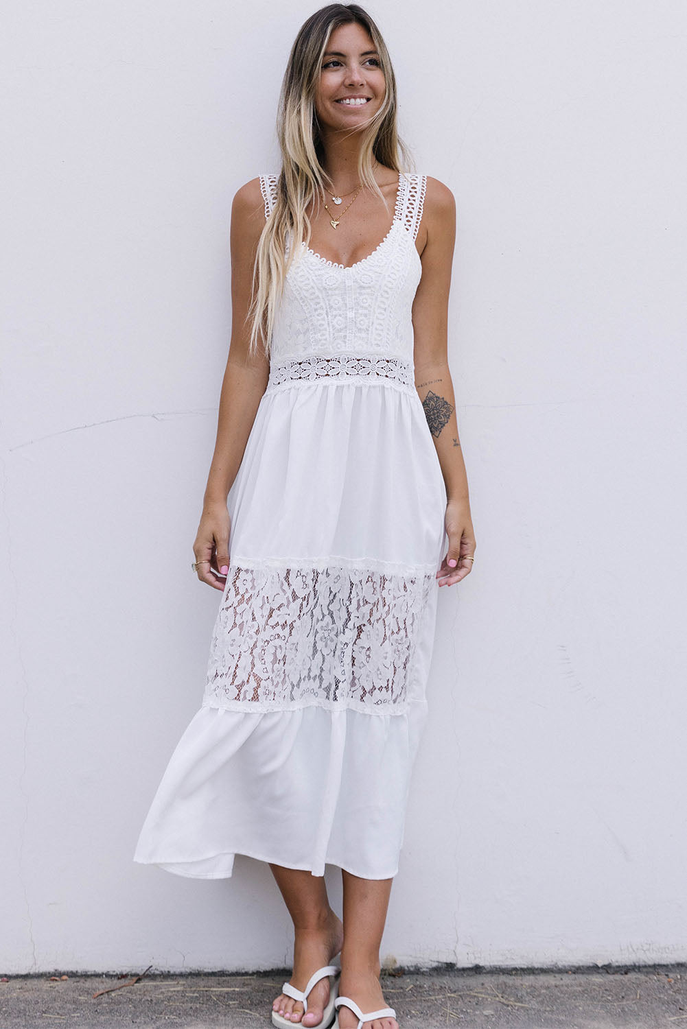 White Floral Lace Tiered Patchwork Sleeveless Dress