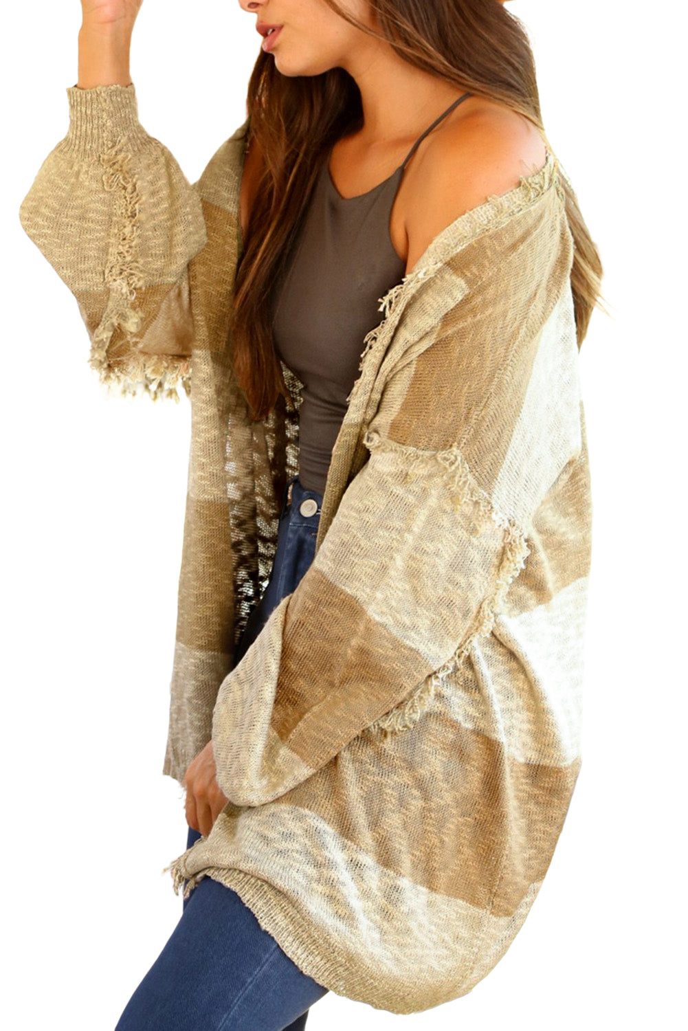 Khaki Two-tone Stripes Frayed Trim Lightweight Cardigan