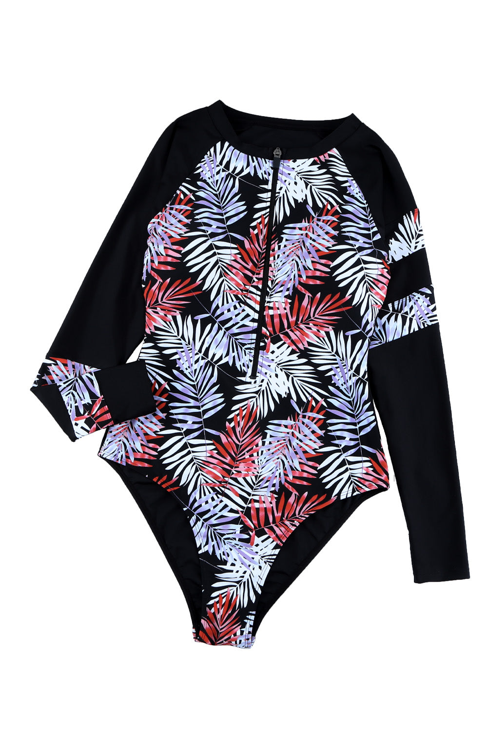 Red Leaves Print Zip-up Long Sleeve Surf Rash Guard Swimwear