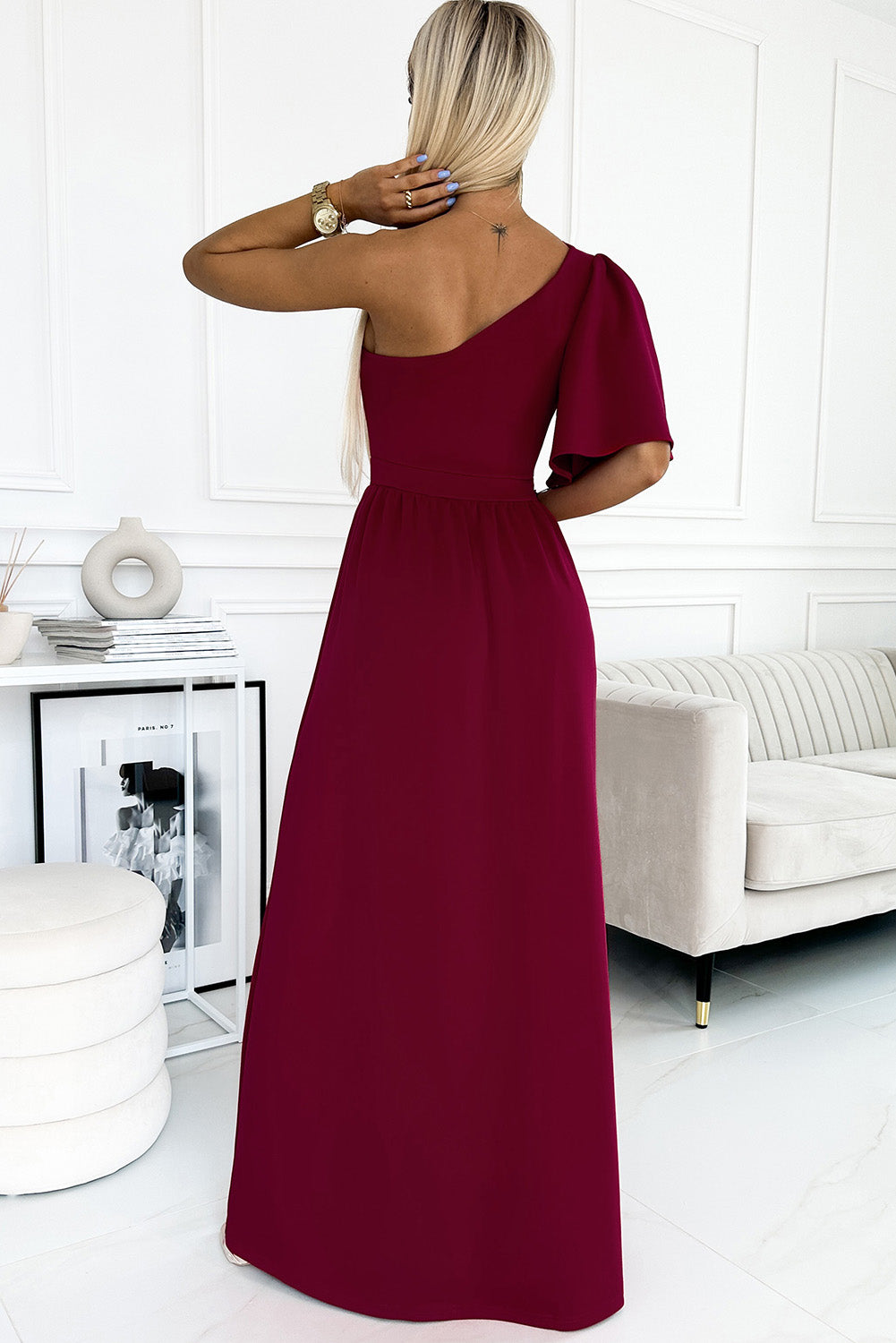 Rose One Shoulder Ruffle Sleeve Maxi Dress with Slit