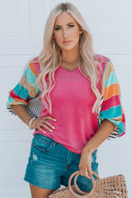Load image into Gallery viewer, Rose Stripe Color Block Bubble Sleeve Top
