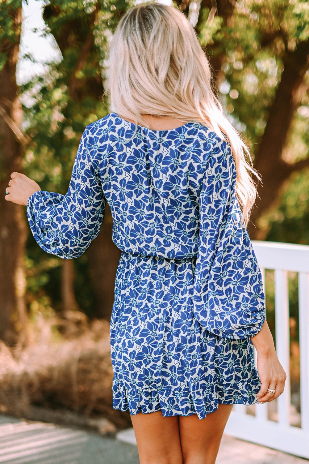 Floral V Neck Lantern Sleeves Tunic Dress