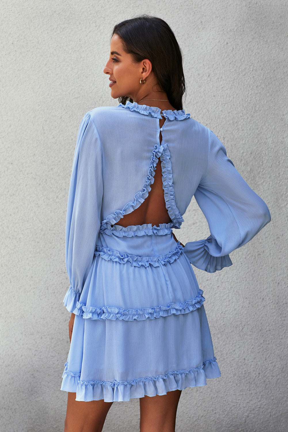 Sky Blue V Neck Ruffle Detailing Open Back Dress