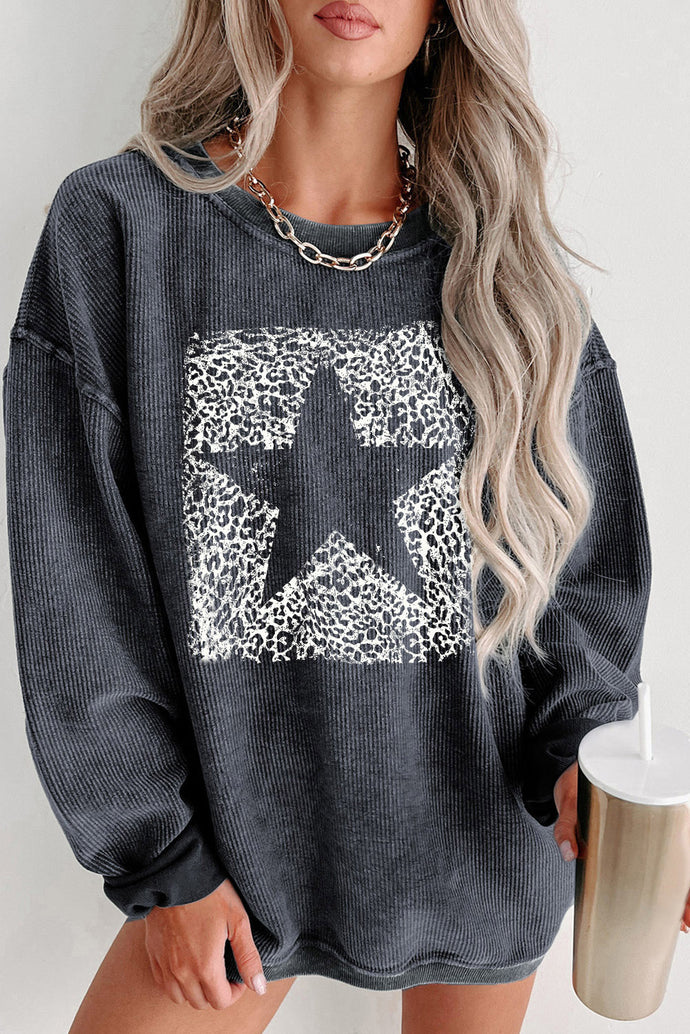 Gray Leopard Star Graphic Corded Sweatshirt