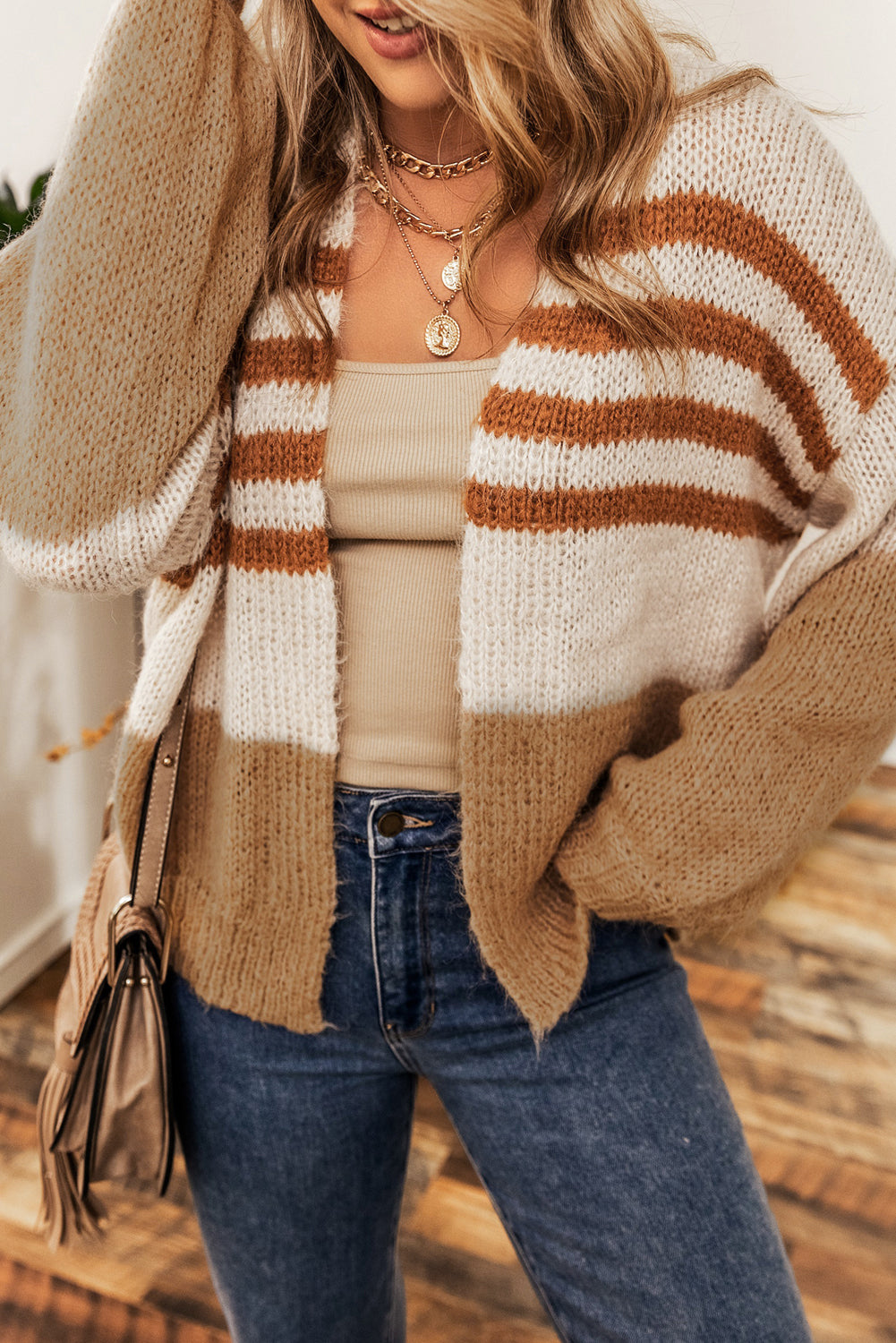 Flaxen Colorblock Striped Open Cardigan