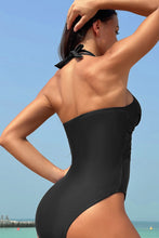 Load image into Gallery viewer, Black Halter Mesh Insert Cross Front One-Piece Swimsuit
