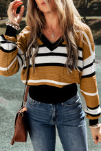 Load image into Gallery viewer, Brown Stripe Contrast Stripes V Neck Textured Knit Sweater
