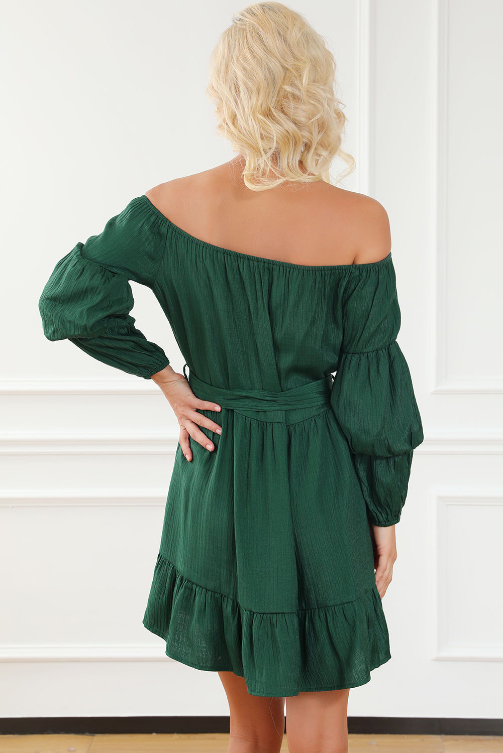 Green Off-Shoulder Tiered Bubble Sleeve Ruffled Dress