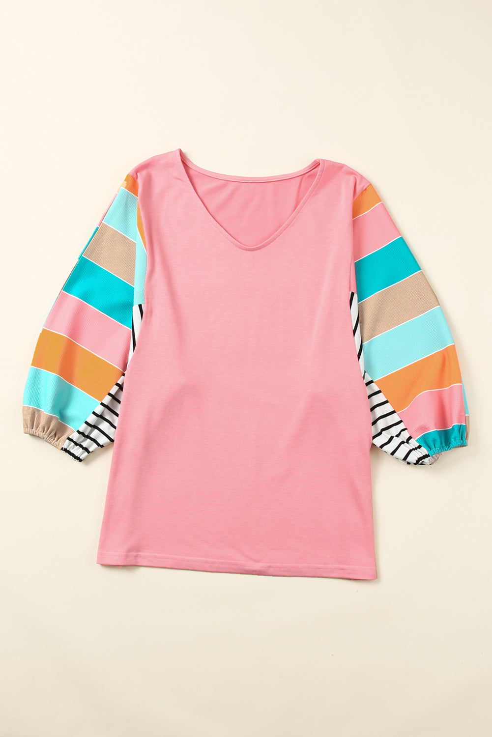 Pink Stripe Color Block Bubble Sleeve Top