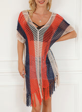 Load image into Gallery viewer, Multicolor Striped Tassel Crochet V Neck Beach Cover Up
