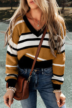 Load image into Gallery viewer, Brown Stripe Contrast Stripes V Neck Textured Knit Sweater
