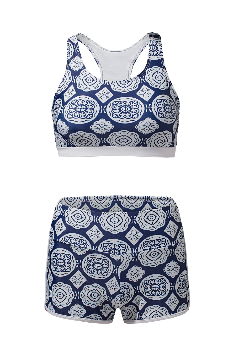 Blue 3pcs Printed Sporty Racerback Tankini Swimsuit