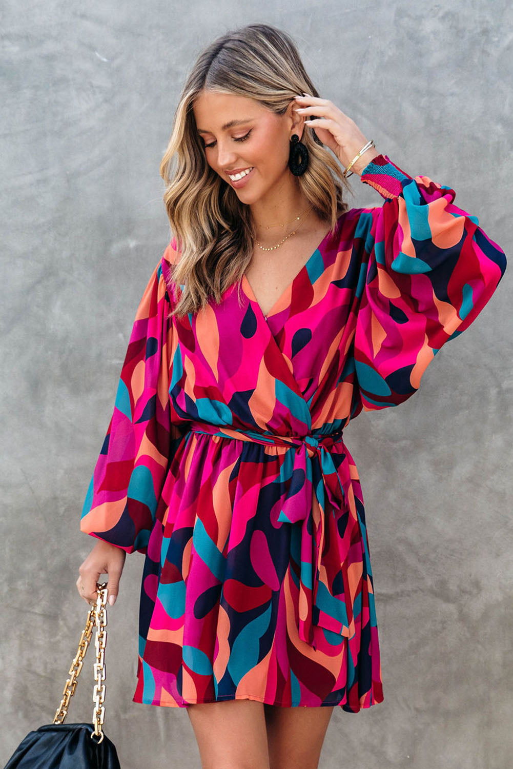 Fiery Red Abstract Printed Belted Puff Sleeve Mini Dress