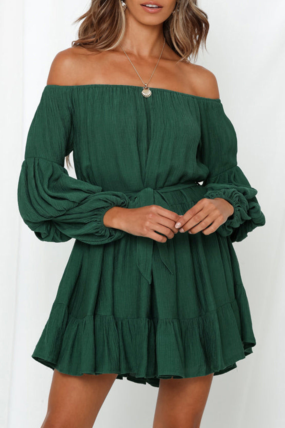 Green Off-Shoulder Tiered Bubble Sleeve Ruffled Dress