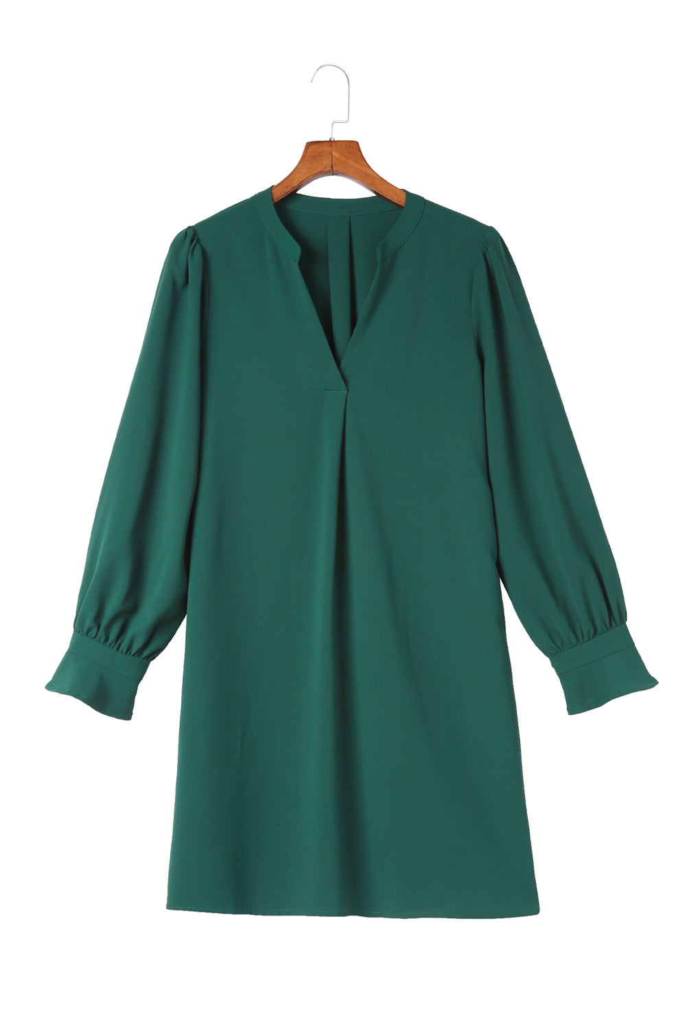 Green Split V Neck Ruffled Sleeves Shirt Dress