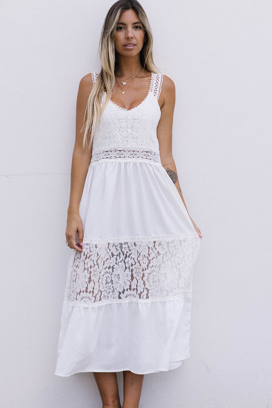 White Floral Lace Tiered Patchwork Sleeveless Dress