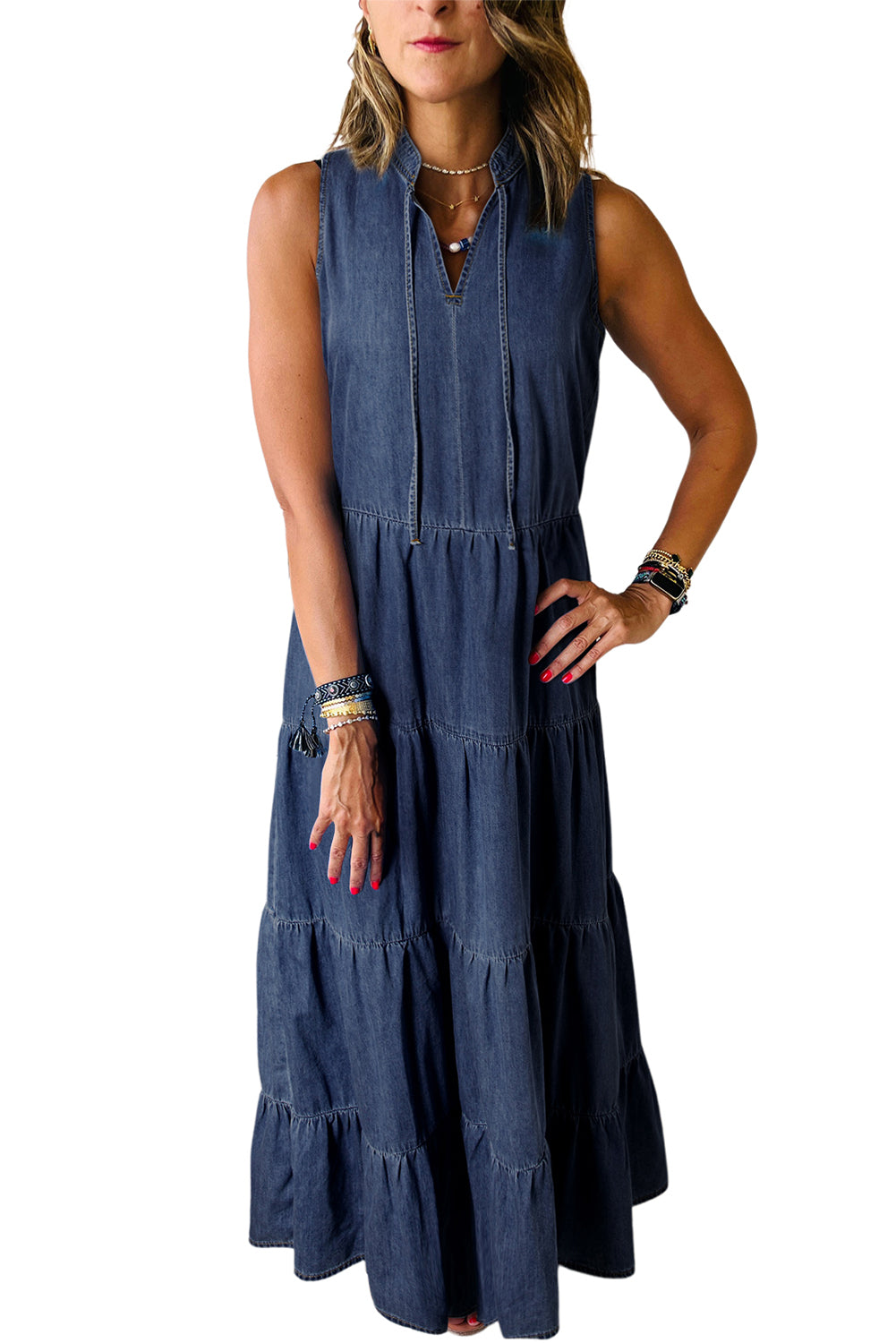 Real Teal Sleeveless Tiered Chambray Maxi Dress