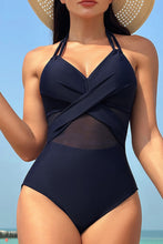 Load image into Gallery viewer, Navy Blue Halter Mesh Insert Cross Front One-Piece Swimsuit
