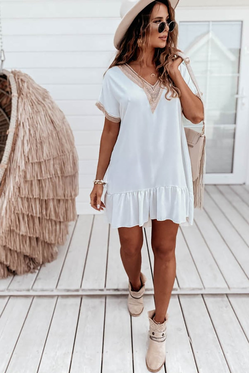 White Lace Trim Short Sleeve Ruffled Mini Dress