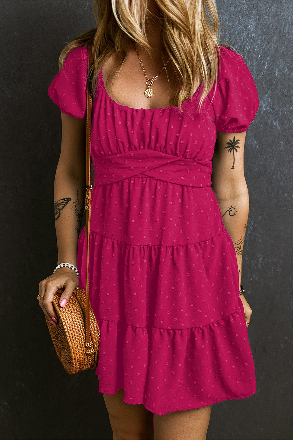 Rose Red Swiss Dot Jacquard Puff Sleeve Crossover Tied Tiered Dress