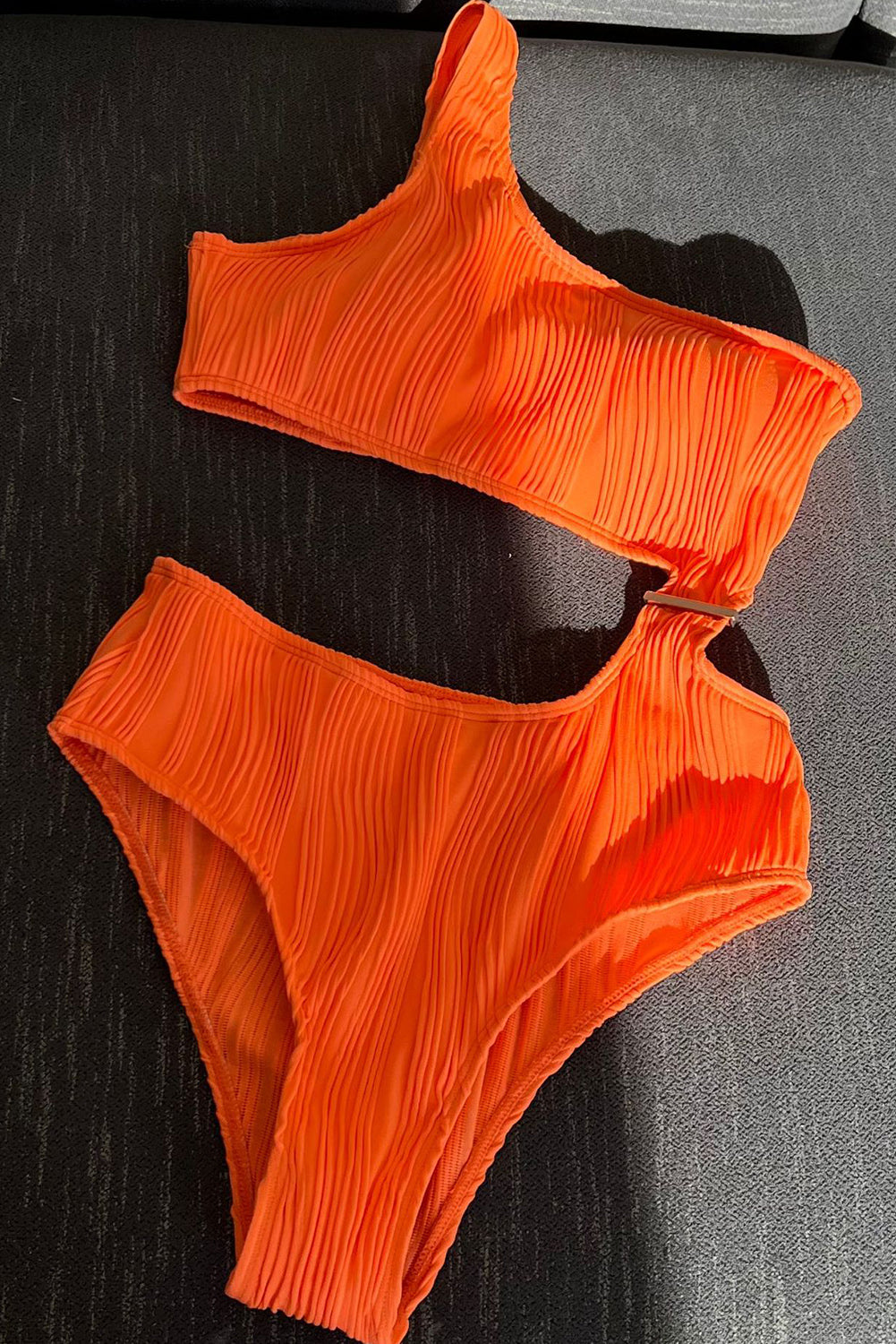 Orange Wavy Textured Cut Out One Shoulder Monokini