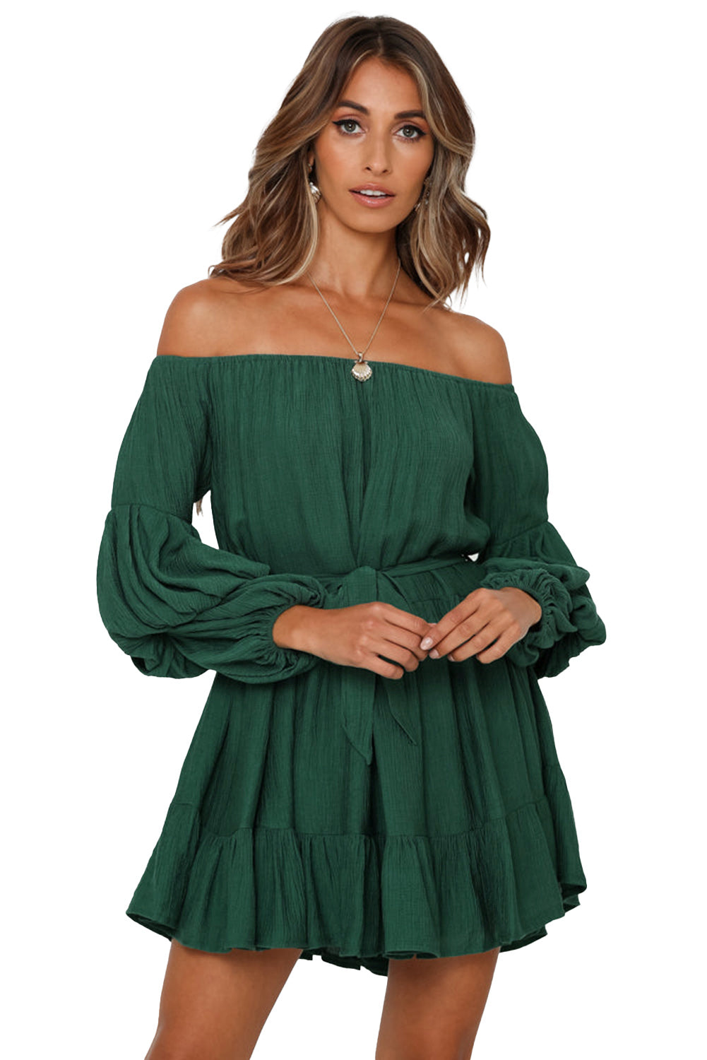 Green Off-Shoulder Tiered Bubble Sleeve Ruffled Dress