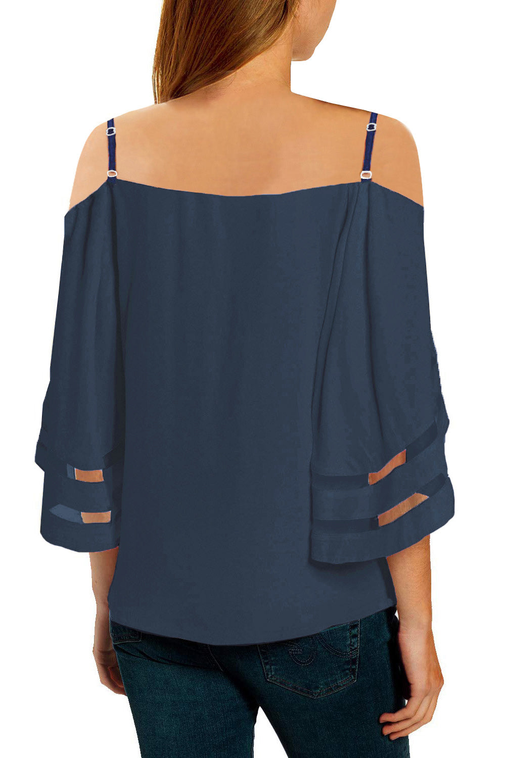 Blue Spaghetti Straps Cold Shoulder Mesh Insert Bell Sleeve Blouse