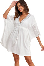 Load image into Gallery viewer, White Lace Patch Kimono Sleeve Tassel Drawstring Beach Cover Up
