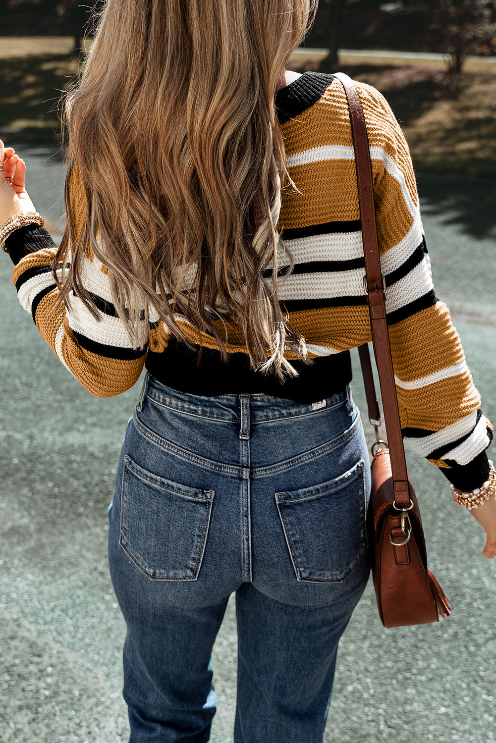 Brown Stripe Contrast Stripes V Neck Textured Knit Sweater