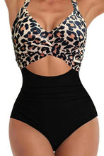 Load image into Gallery viewer, Black Leopard 2-tone Crossed Cutout Backless Monokini
