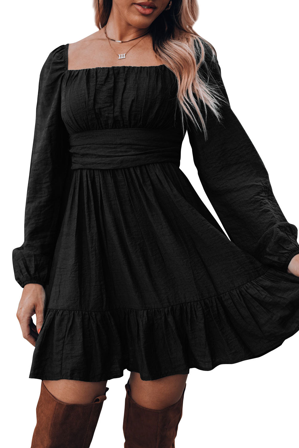 Black Ruched Square Neck Puff Sleeve Mini Dress