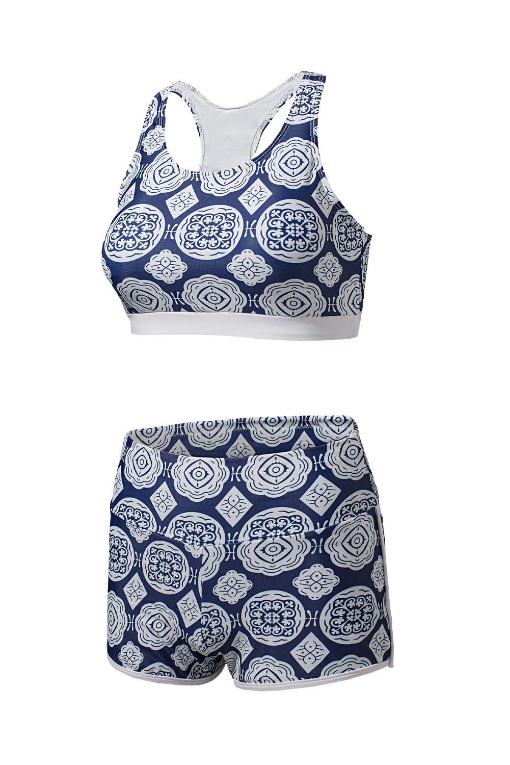 Blue 3pcs Printed Sporty Racerback Tankini Swimsuit