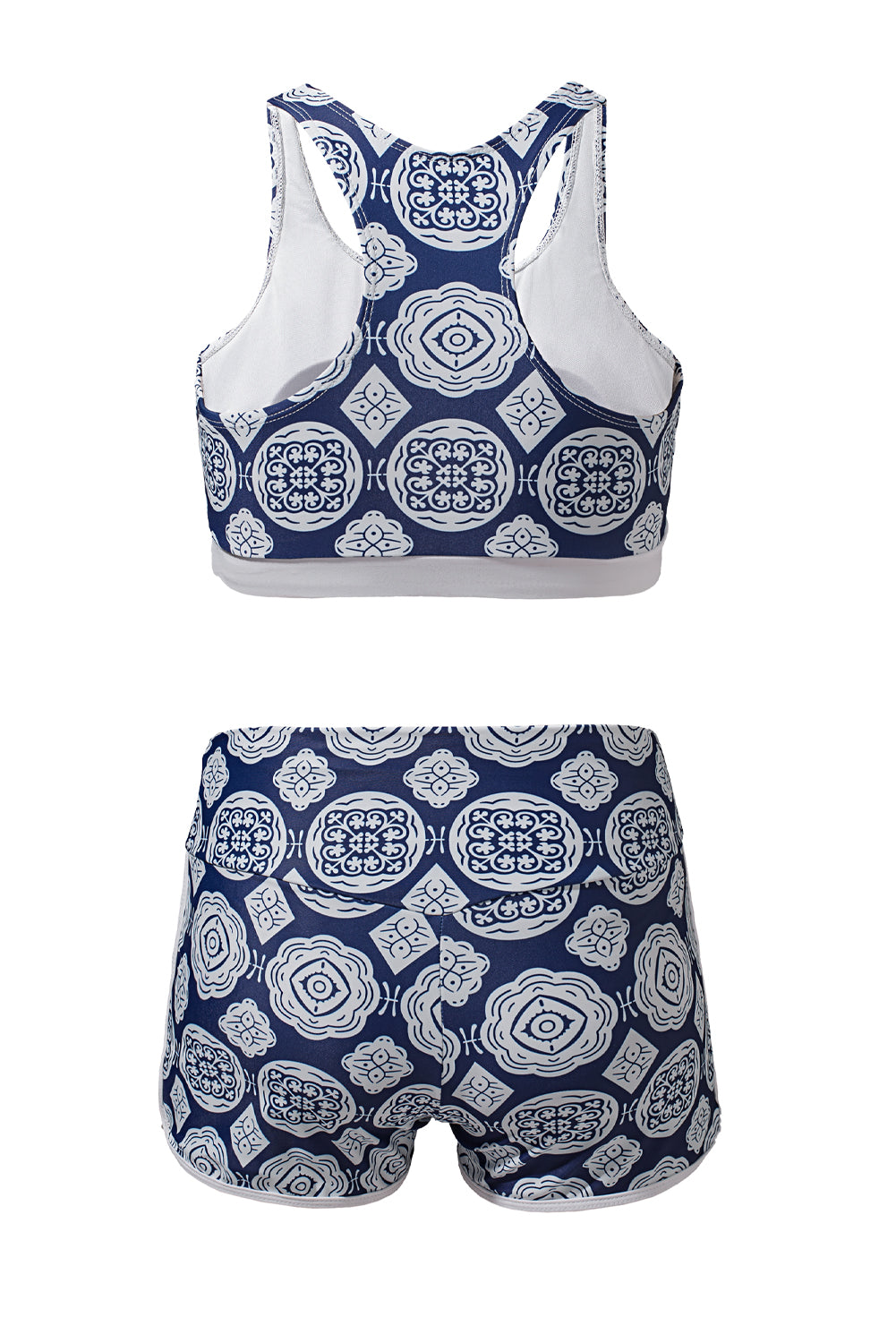 Blue 3pcs Printed Sporty Racerback Tankini Swimsuit