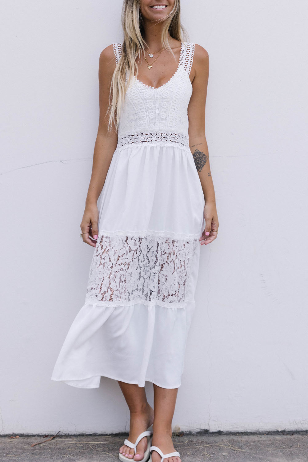 White Floral Lace Tiered Patchwork Sleeveless Dress