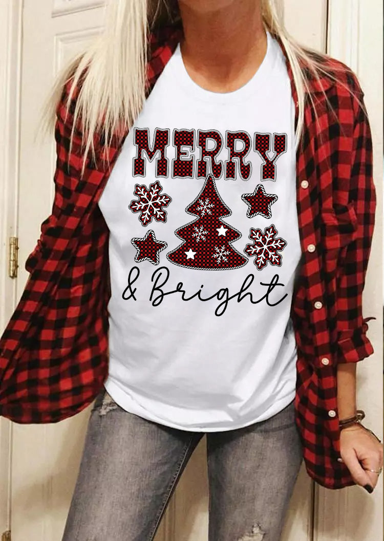 White MERRY and Bright Plaid Print Christmas Crewneck T Shirt