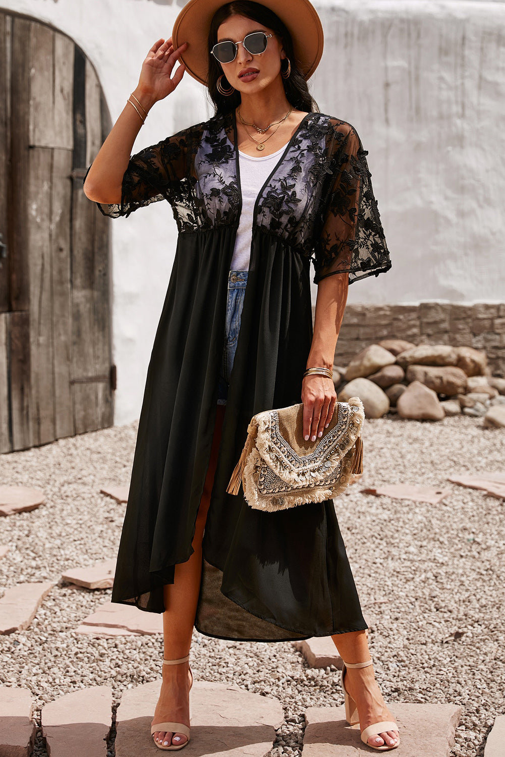 Black Floral Mesh Lace Crochet Open Front Kimono