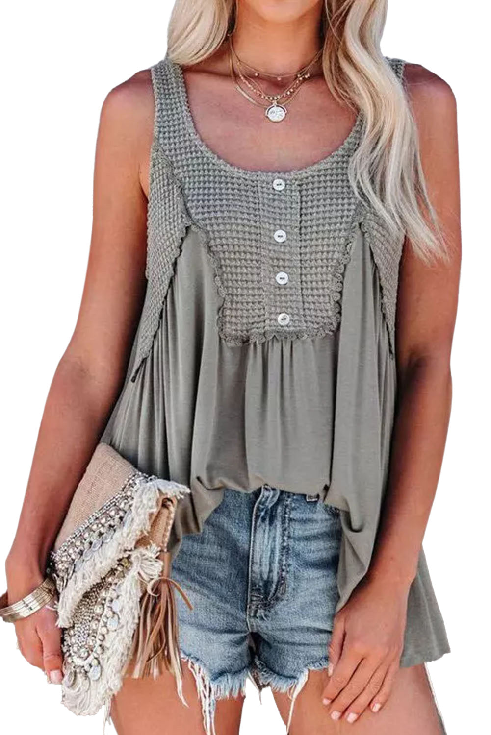 Waffle Knit Panel Babydoll Sleeveless Top