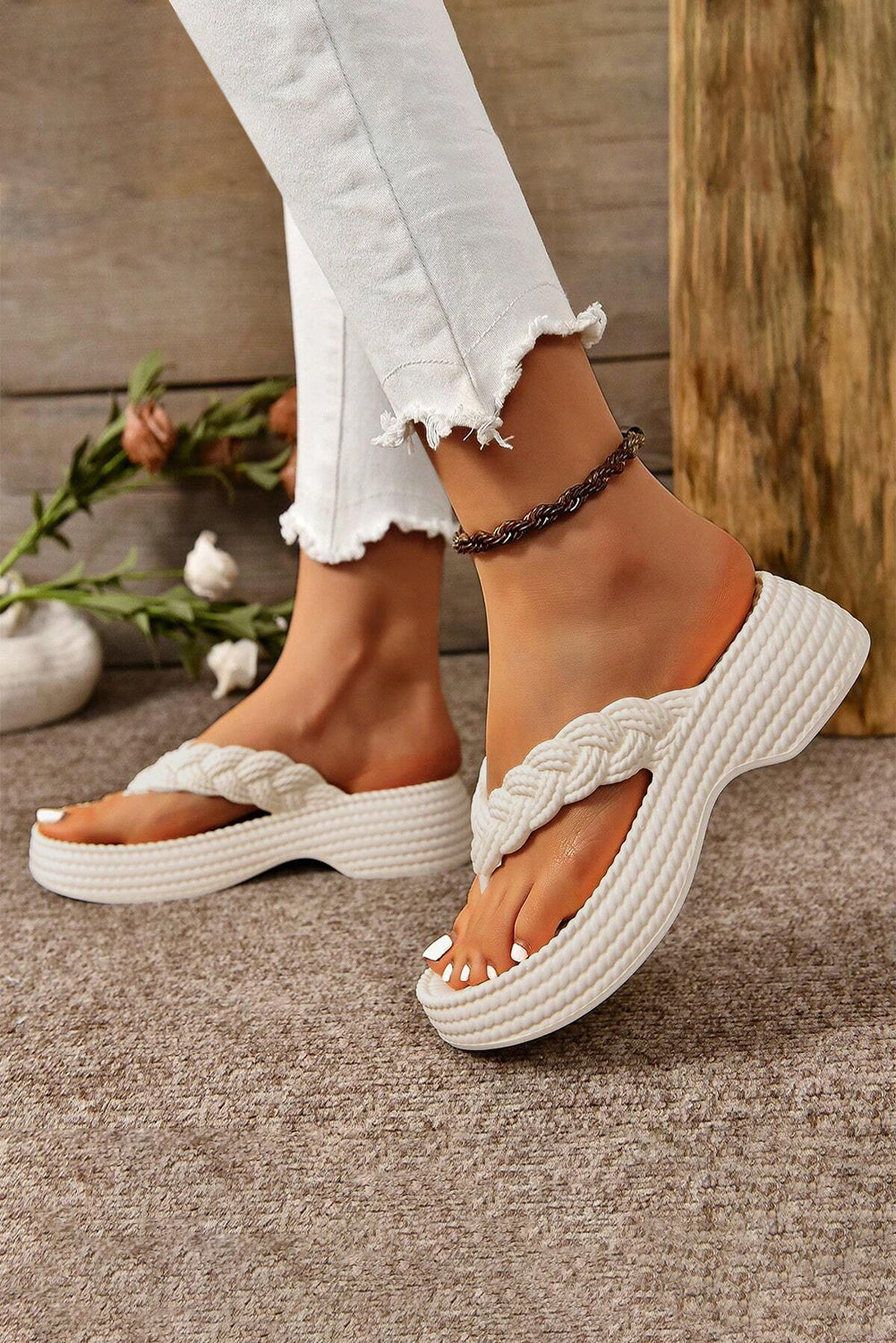 White Braided Pattern Thick Sole Flip Flop