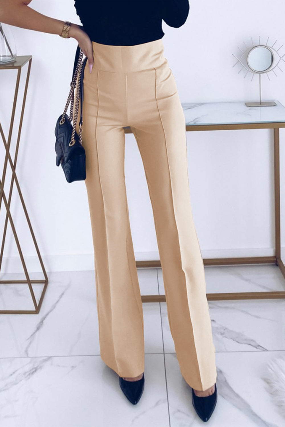 Khaki Solid Color High Waist Flared Leg Pants