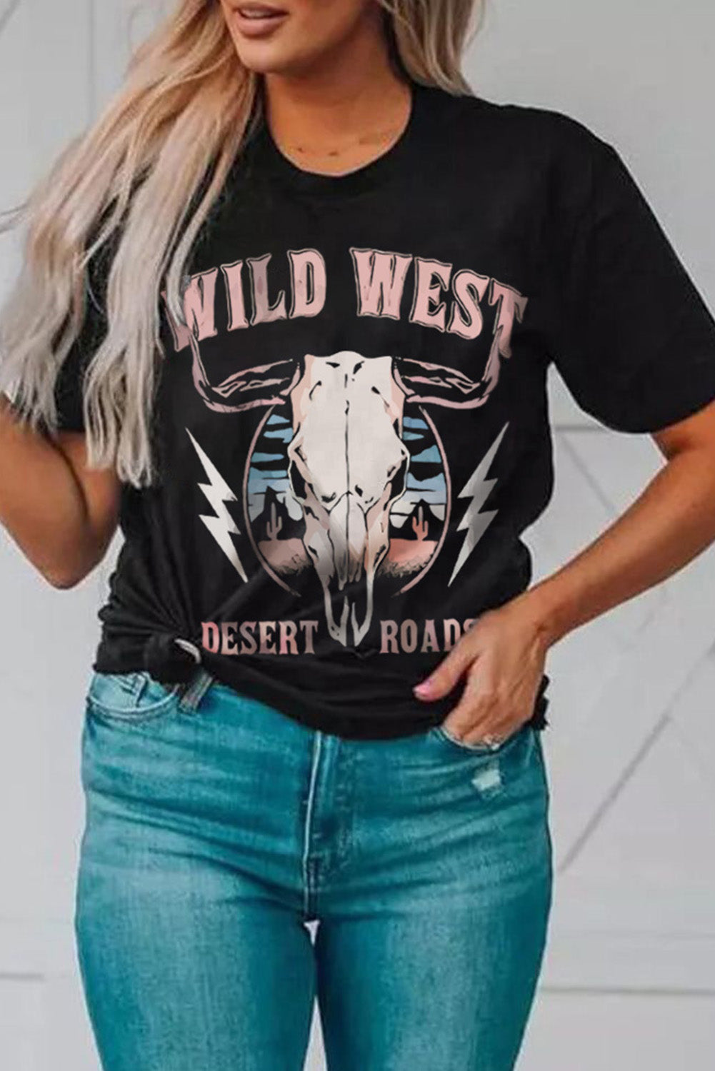 Wild West Desert Roads Bull Skull Graphic Tee