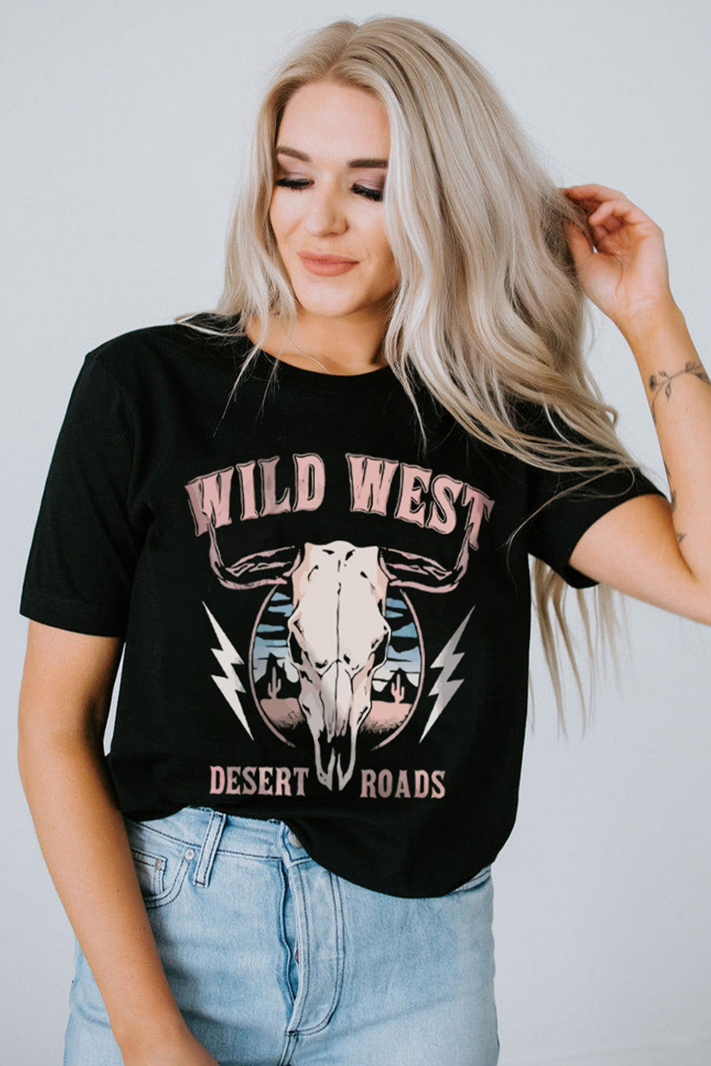 Wild West Desert Roads Bull Skull Graphic Tee