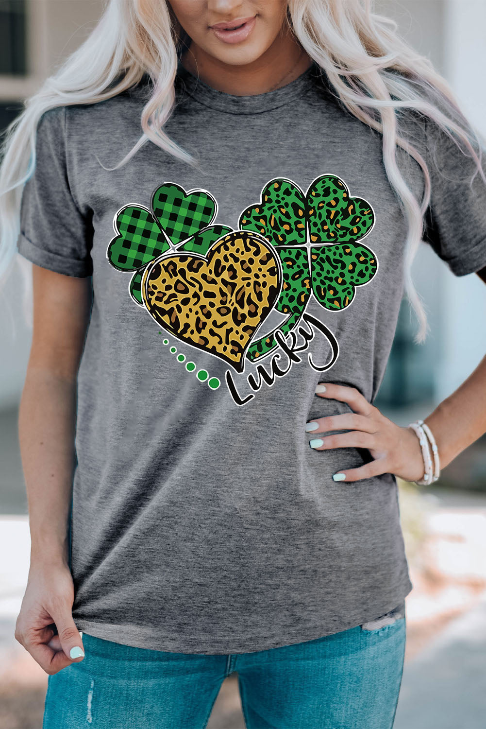 Leopard Plaid Heart Clover Graphic Print Short Sleeve T Shirt