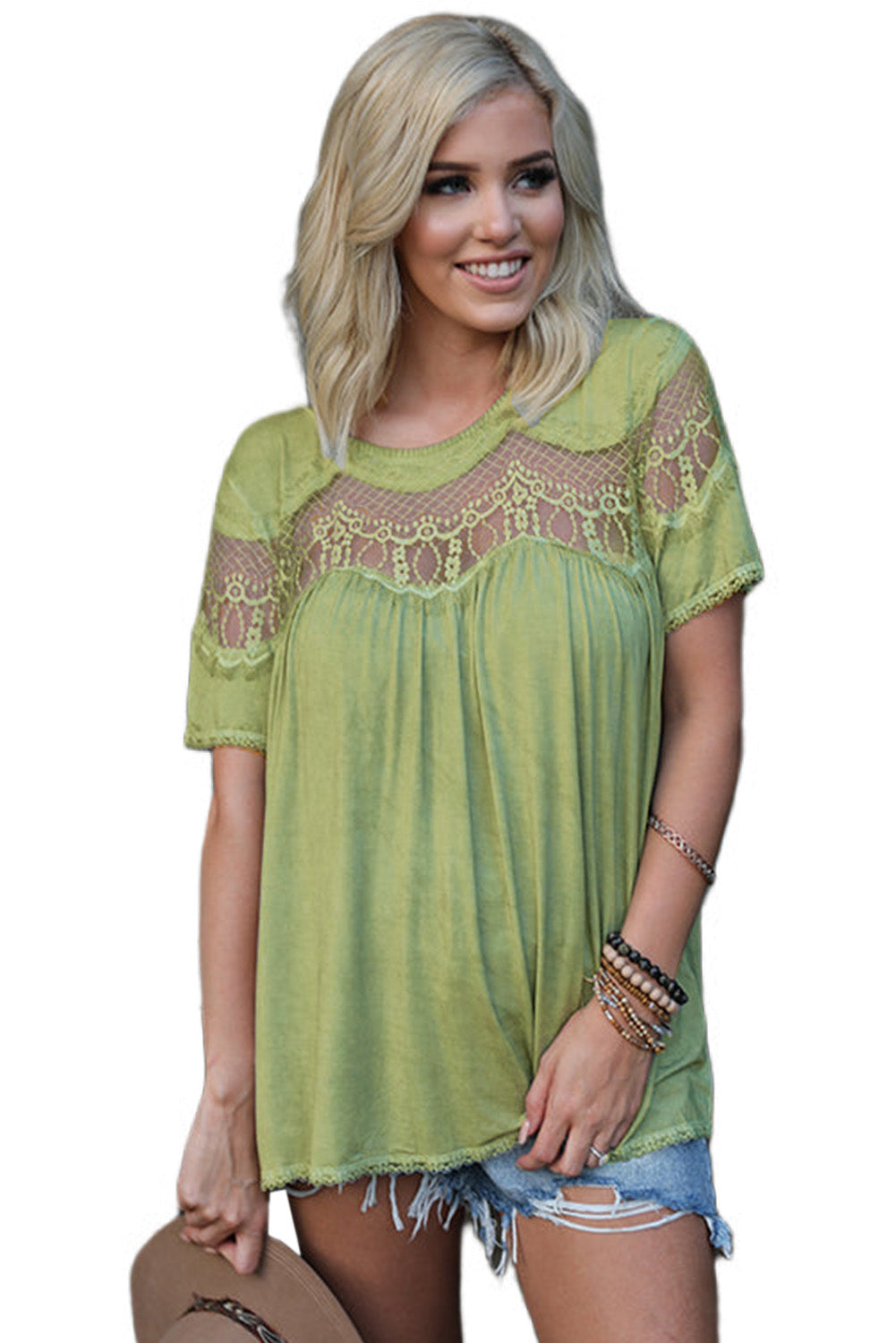 Mesh Lace Trim Short Sleeve Top