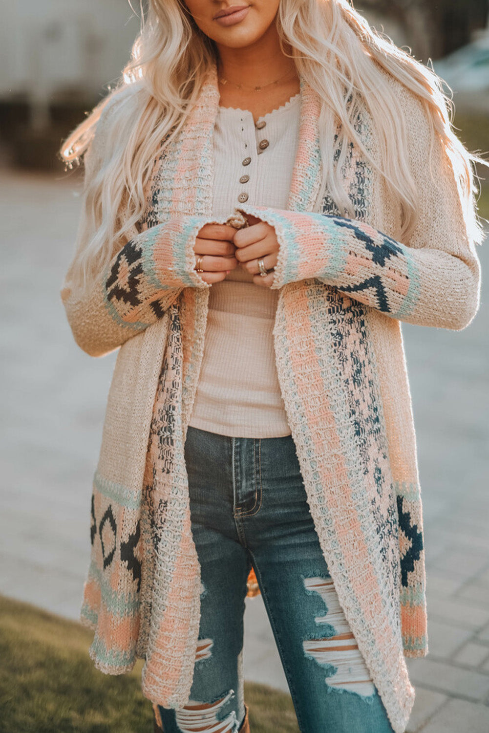 Aztec Print Open Front Cardigan