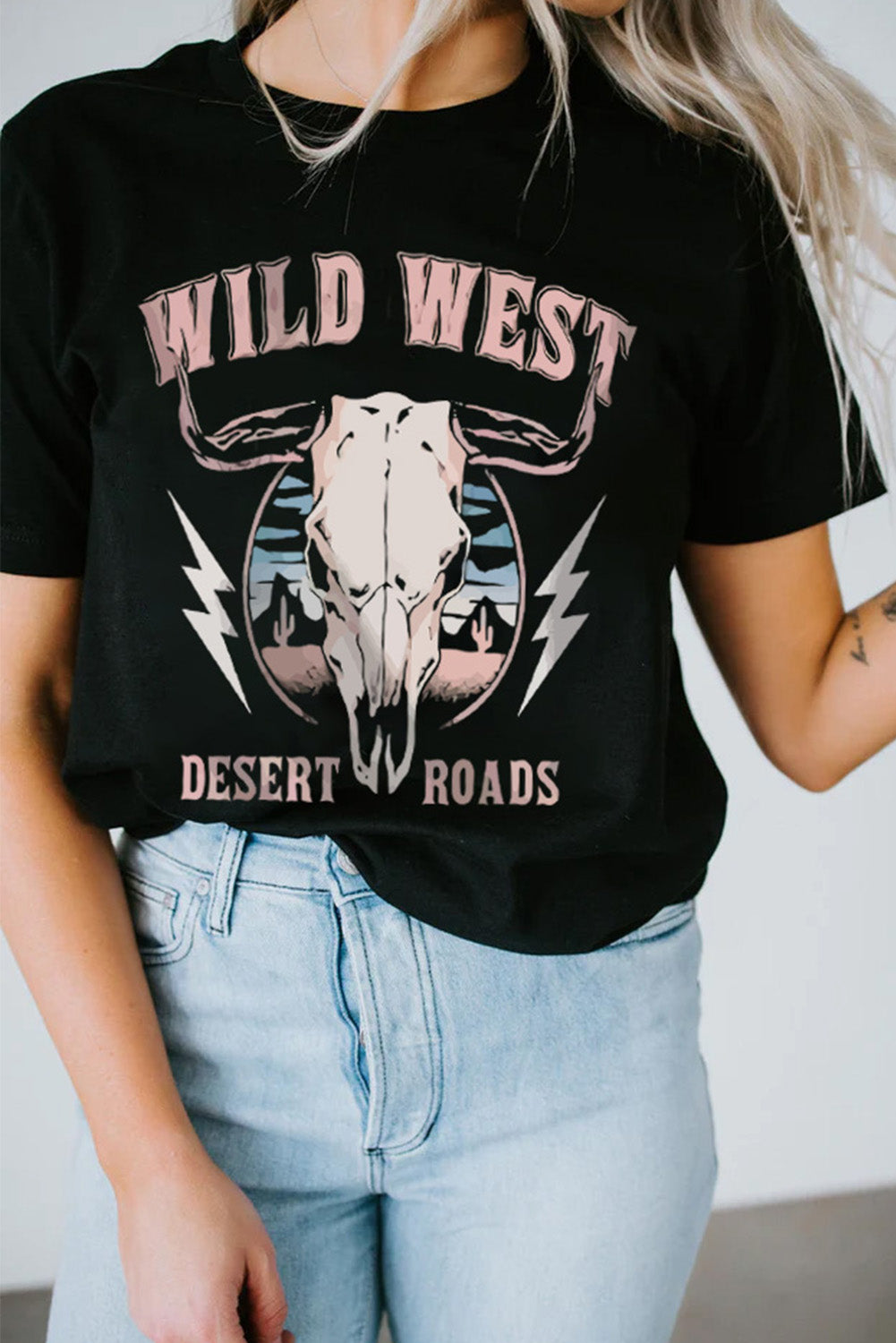 Wild West Desert Roads Bull Skull Graphic Tee