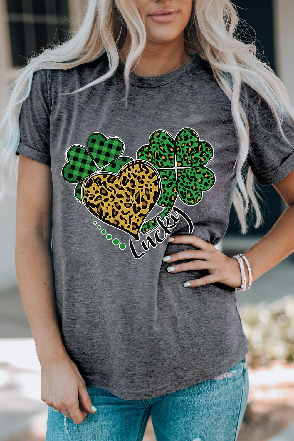 Leopard Plaid Heart Clover Graphic Print Short Sleeve T Shirt